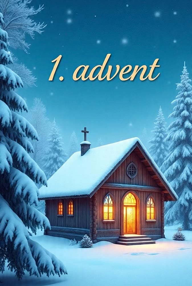 Eine beleuchtete Holzkirche in einer verschneiten Winternacht. Oben steht in Gold 1. advent.