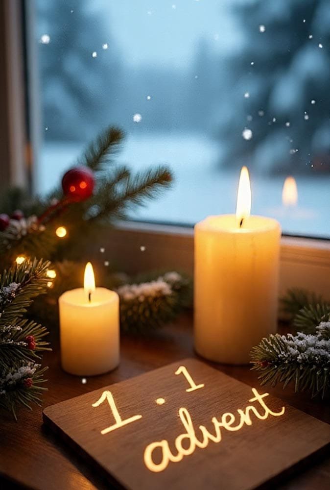 Zwei brennende Kerzen auf einem Fensterbrett, umgeben von Tannengrün und Beeren. Holzschild mit 1. advent.