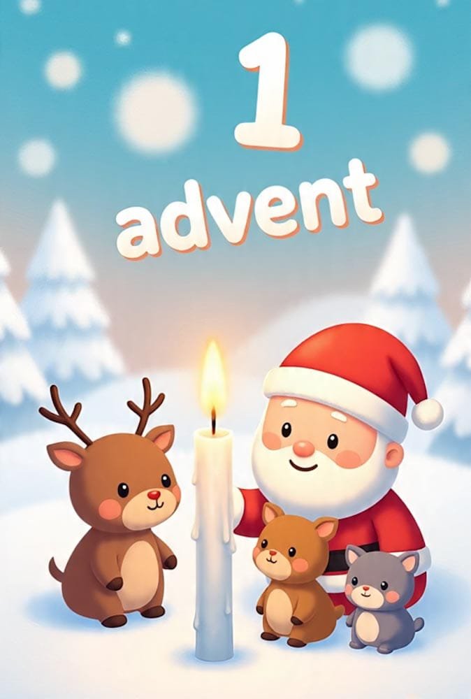 Cartoon-Weihnachtsmann, Rentier und kleine Tiere um eine Kerze im Schnee. Oben 1 advent.