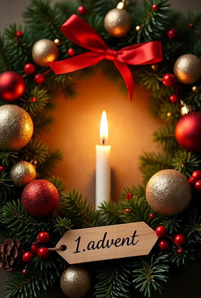 Adventskranz mit roten/goldenen Kugeln und Schleife. Eine Kerze brennt, ein Holzschild zeigt 1 advent