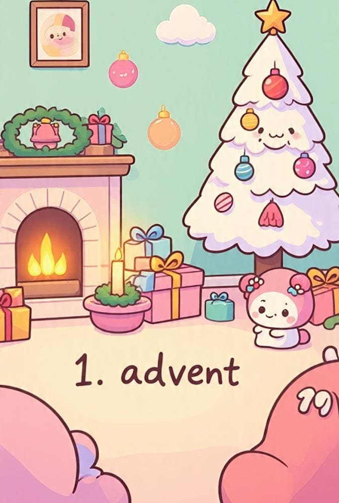 Niedliche Cartoon-Szene mit Kamin, Weihnachtsbaum und Geschenken. Unten steht 1. advent.