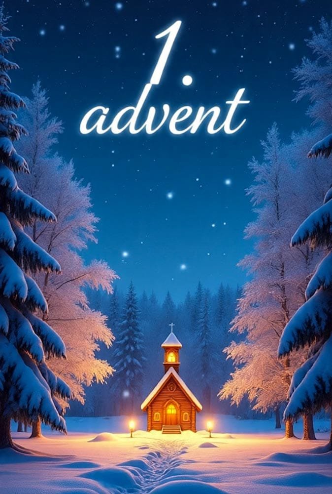Eine kleine beleuchtete Holzkirche in einem tief verschneiten Winterwald bei Nacht. 1. advent leuchtet oben.