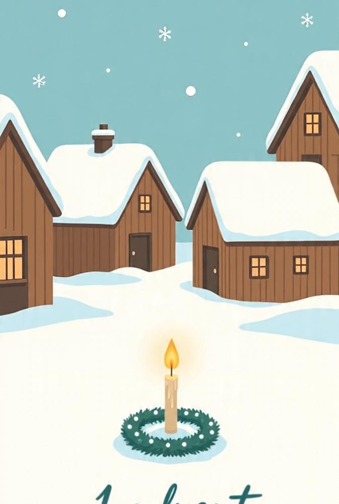 Eine Kerze in einem grünen Kranz vor verschneiten Holzhäusern. Unten steht 1. advent.