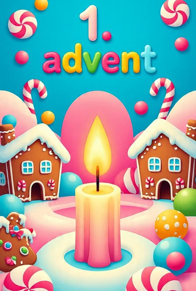 Bunte Szene mit Lebkuchenhäusern, Süßigkeiten und einer brennenden Kerze in der Mitte. Oben 1. advent.
