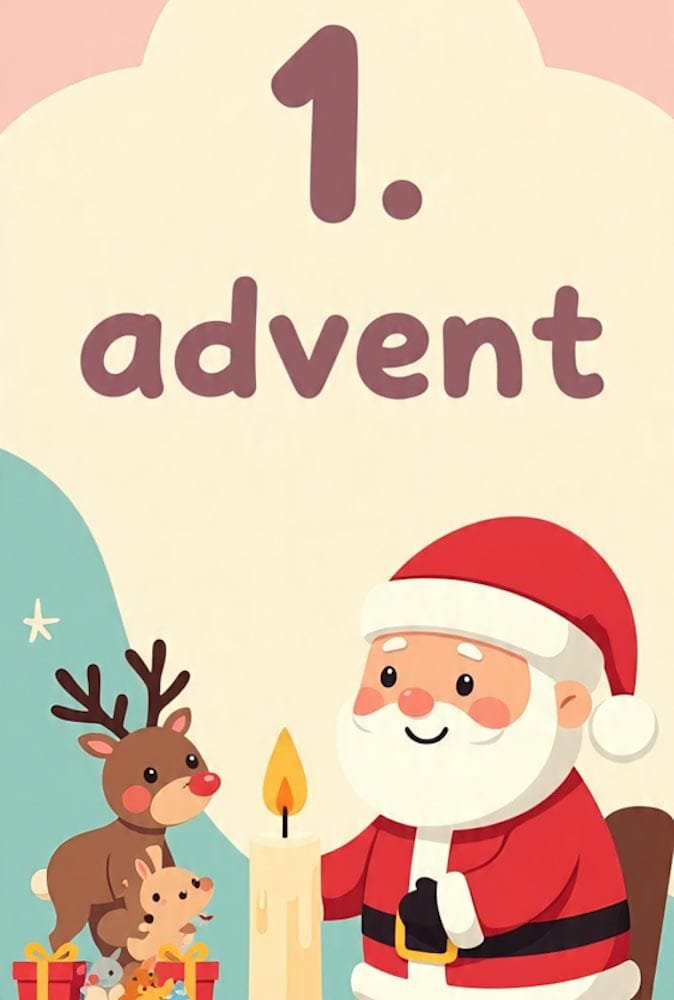 Cartoon-Weihnachtsmann mit Rentier und kleinen Tieren. Eine Kerze brennt. Oben steht 1. advent.