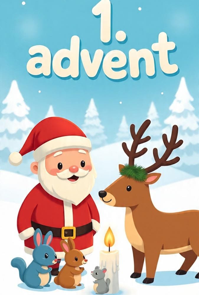 Cartoon-Weihnachtsmann und Rentier mit Hasen und Maus vor einer Kerze im Schnee. Oben 1. advent.