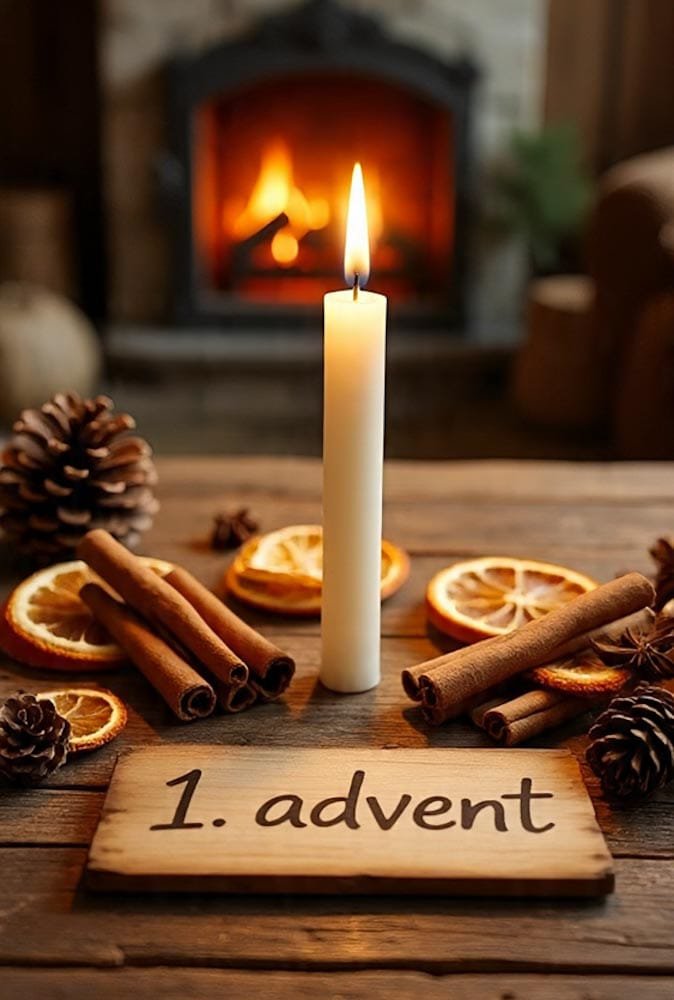 Eine Kerze, Zimtstangen und getrocknete Orangen auf Holz. Im Hintergrund brennt ein Kamin. 1. advent Schild.