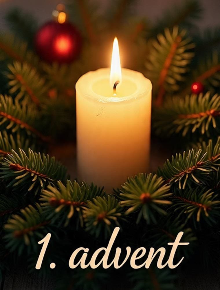Eine dicke brennende Kerze umgeben von Tannenzweigen und roten Kugeln. Unten steht 1. advent.