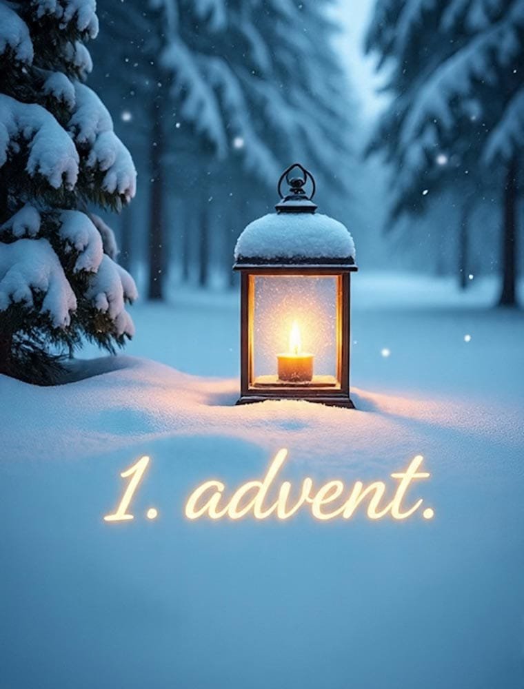 Eine brennende Laterne in einer verschneiten Winterlandschaft. Unten leuchtet der Text 1. advent.