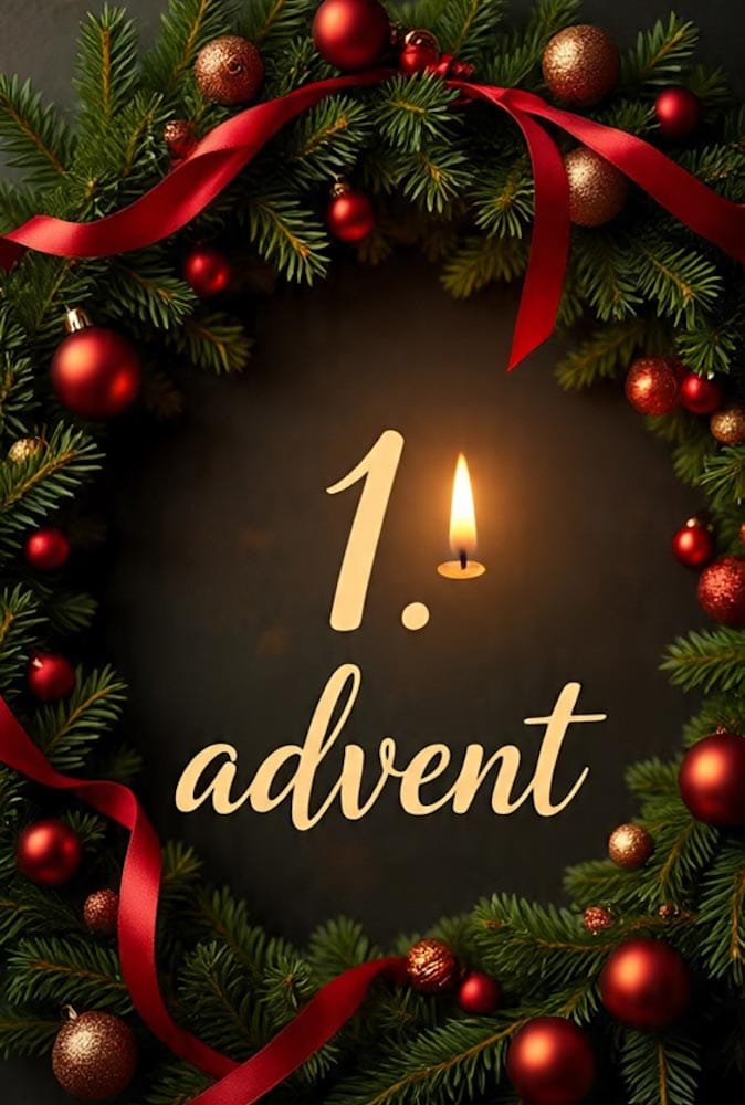 Detailaufnahme eines Adventskranzes mit roten Kugeln und Bändern. In der Mitte brennt eine Kerze. 1. advent.
