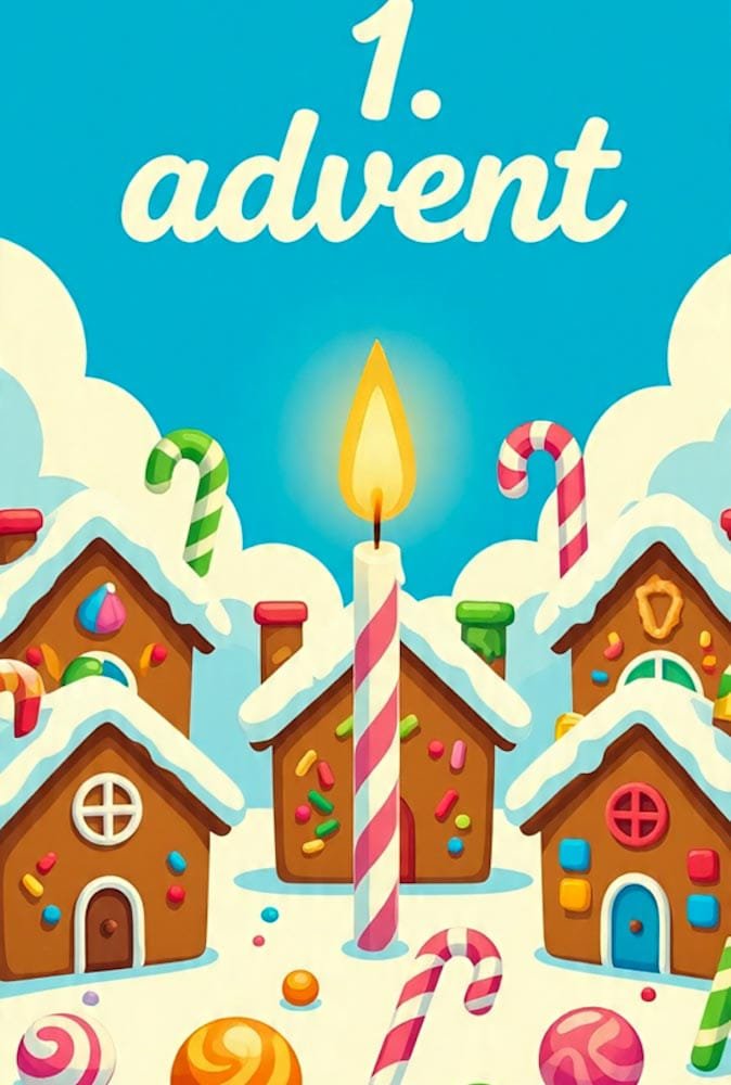 Eine Kerze in Form einer Zuckerstange umgeben von Lebkuchenhäusern und Süßigkeiten. 1. Advent ist zu sehen.