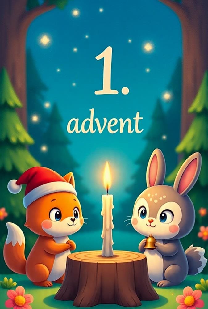 Eine dicke brennende Kerze umgeben von Tannenzweigen und roten Kugeln. Unten steht 1. advent.