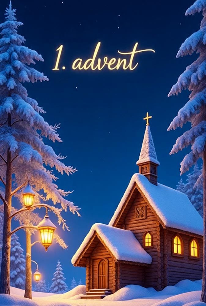 Fünf dicke, brennende Kerzen auf der Fensterbank, umgeben von Tannenzweigen und Zapfen. 1. advent Schild.