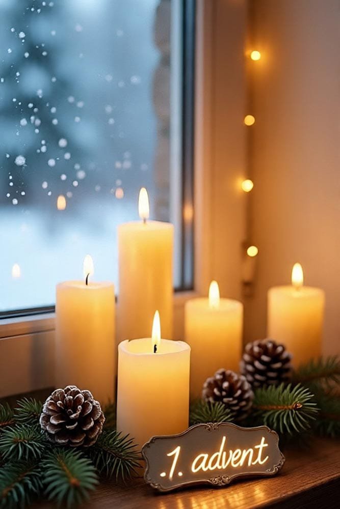 Beleuchtete Holzkirche in einem verschneiten, sternklaren Wald mit Laternen. Oben steht 1. advent.