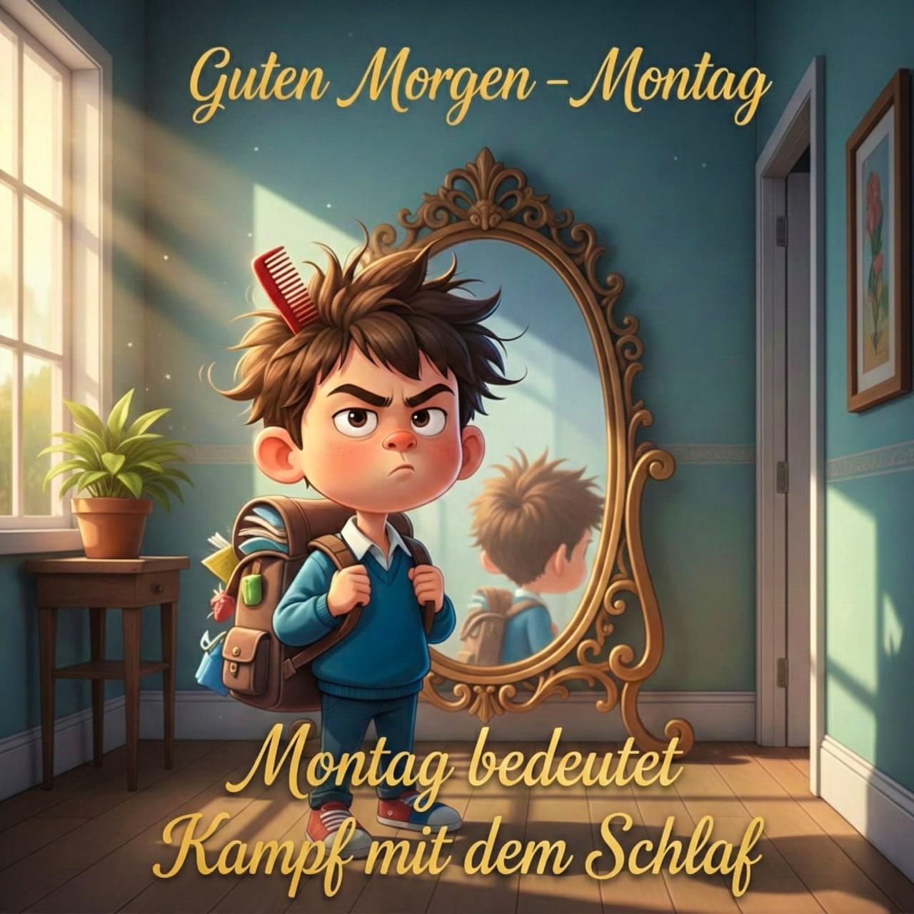 Ein Kind steht vor einem Spiegel, eine Schultasche hängt ihm über den Kopf, ein Kamm steckt in seinen Haaren, und es sieht wütend aus.