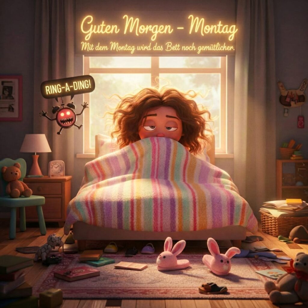 Ein Mädchen versteckt sich am Montagmorgen unter der Decke, der Wecker klingelt laut, aber sie will nicht aufstehen