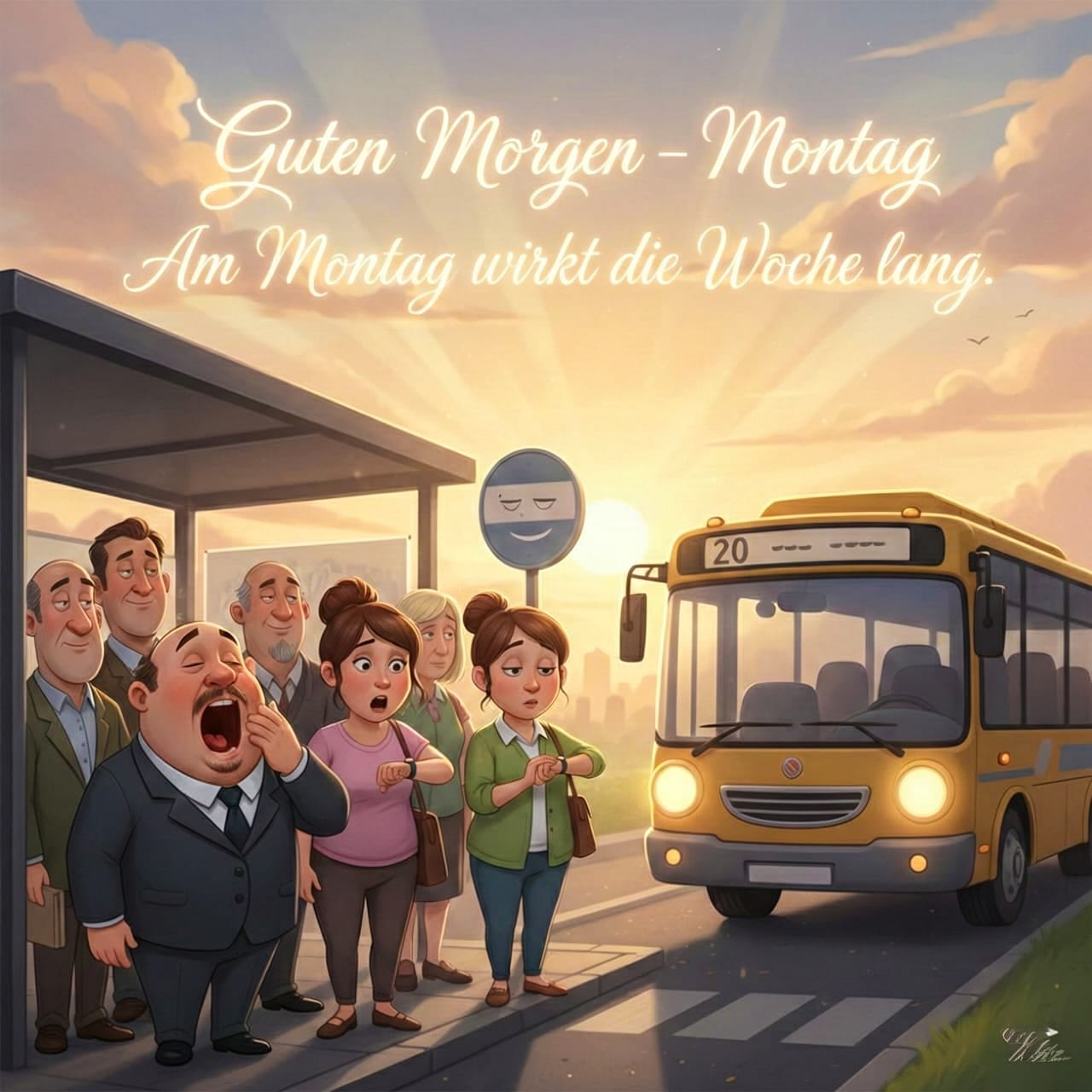 Menschen, die an einer Bushaltestelle dösen, ein gähnender Mann und ein herannahender Bus. Ein netter Cartoon für einen Montagmorgen