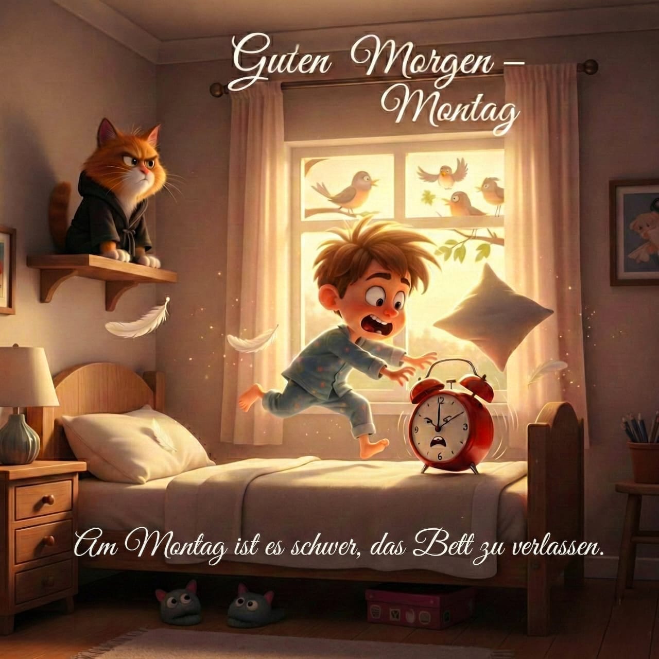 Der Junge springt aus dem Bett, um den Wecker auszuschalten, draußen zwitschern Vögel und die Katze starrt ihn an. Guten Morgen Bilder Montag