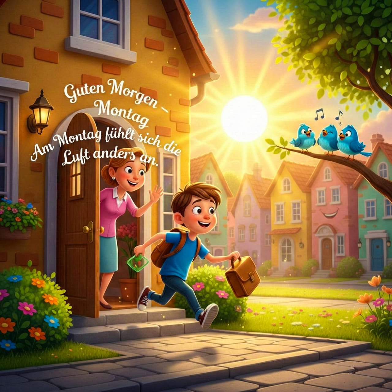 Ein glücklicher Junge auf dem Weg zur Schule, seine Mutter winkt hinter ihm und Vögel singen im Baum ein wunderschöner Morgen.