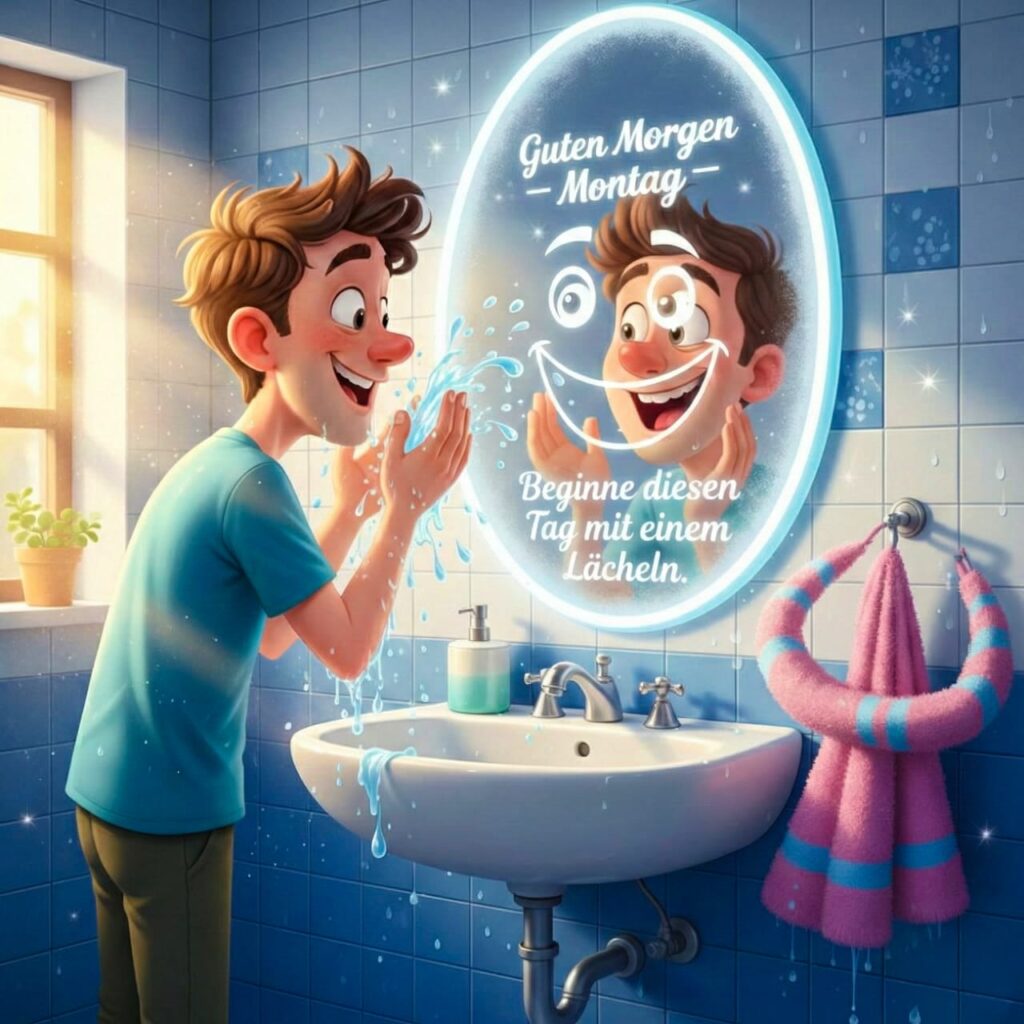 Junge wäscht sich morgens das Gesicht, der Spiegel zeigt ein lächelndes Gesicht und die Botschaft  Schönen Montag