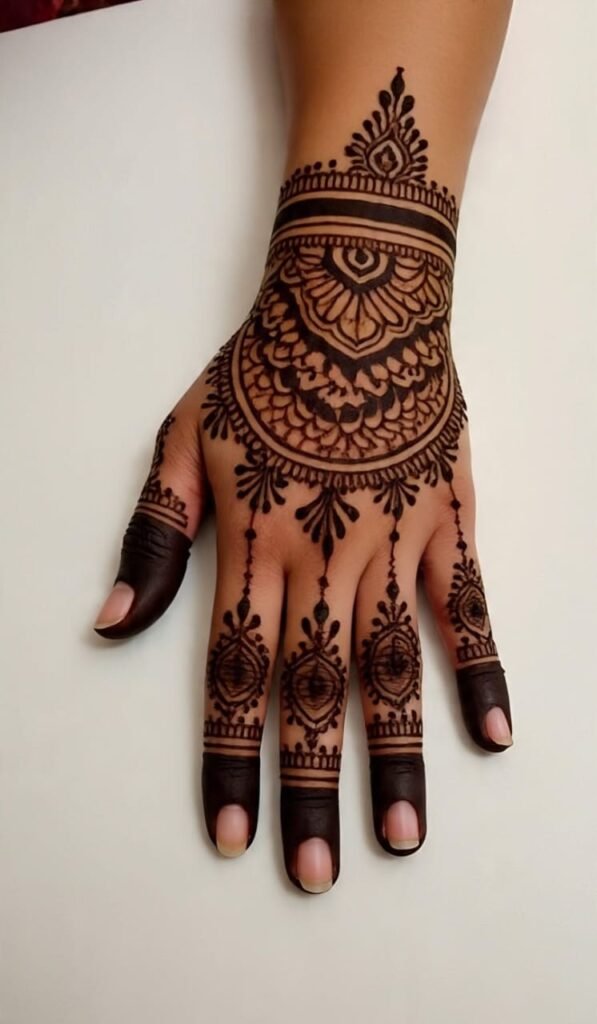 Dark cone bridal mehndi design with full hand coverage, modern look for wedding events