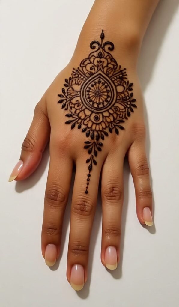 Deep black mehndi design on hand from wrist to fingers
