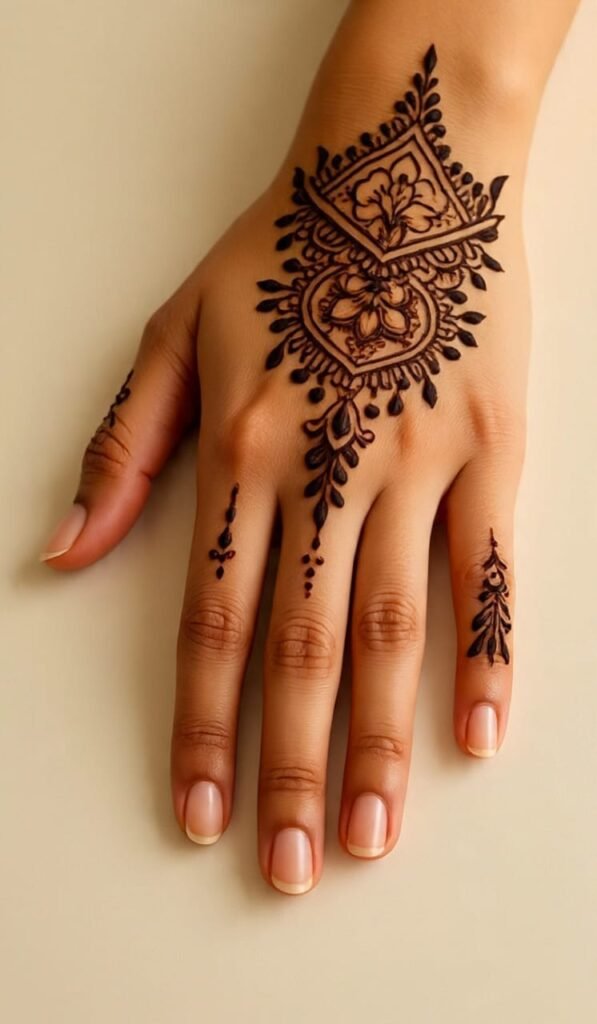 Front hand floral mehndi design with detailed filling, suitable for Teej and Diwali occasions