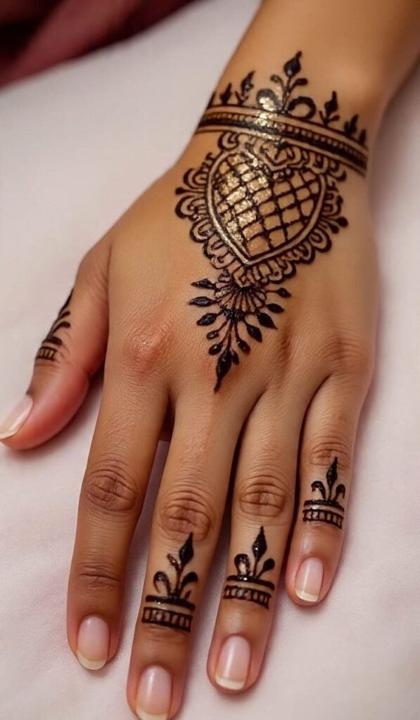 Mehendi design with a big oval pattern in the middle with a net in it