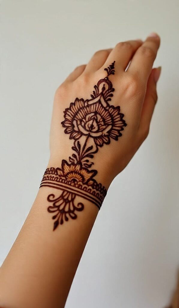 Mehendi design with a big round flower like pattern in the middle and thick designs on the fingers