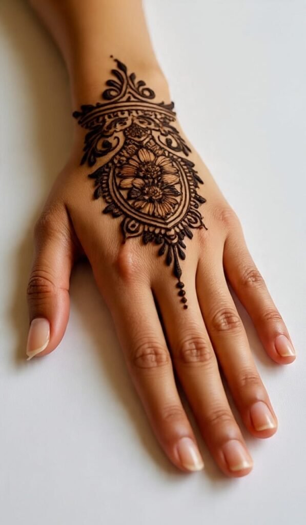 Mehndi design with a band on the wrist and a floral design that extends up to the finger