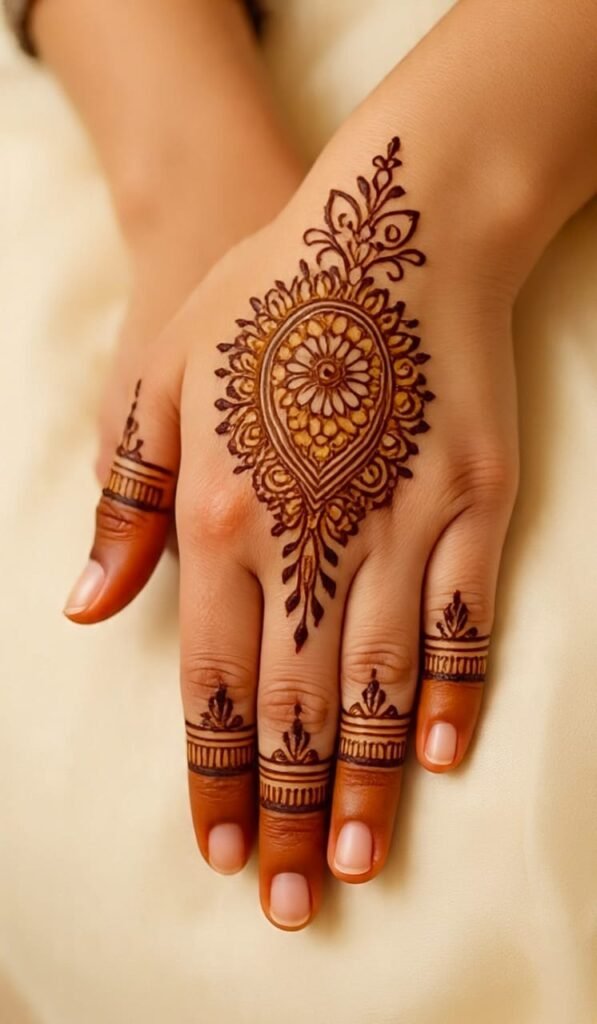 Mehndi design with a big oval pattern in the middle with a leaf inside