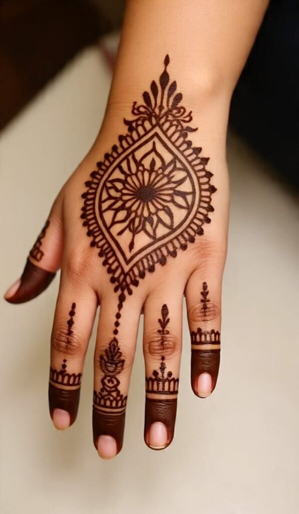 Mehndi design with a heart in the middle and small designs on the fingers