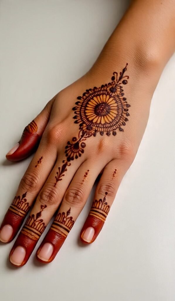 Mehndi design with round and flower like patterns in the middle