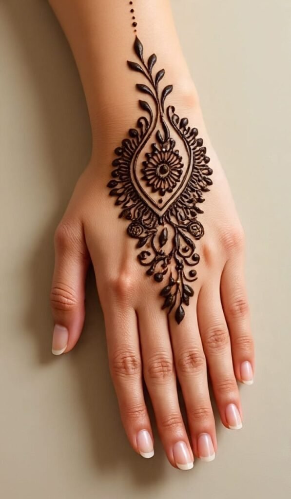 Round tikki mehndi design with minimal elements, ideal for Karwa Chauth and festive days