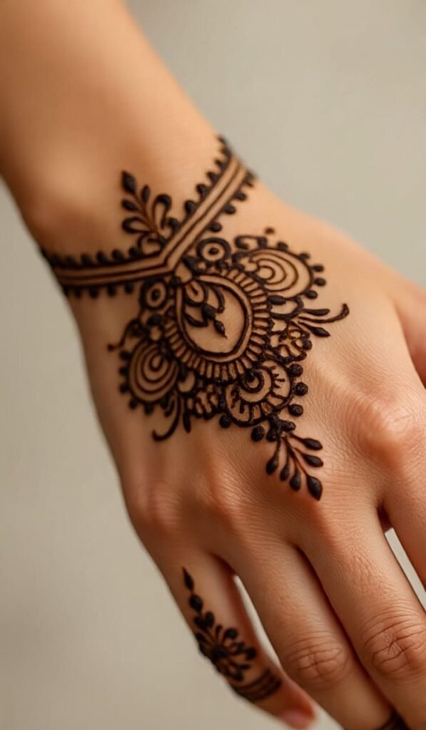 Simple back hand round mehndi design for girls, perfect for college or casual functions