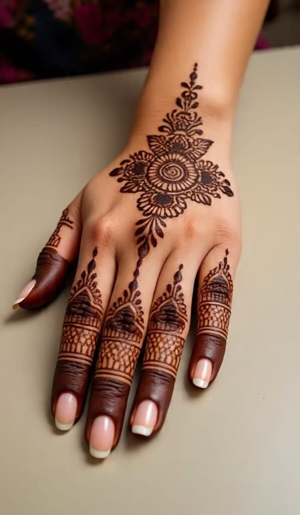 Symmetrical back hand mehndi design with leaf patterns, great for Haldi and Sangeet ceremonies