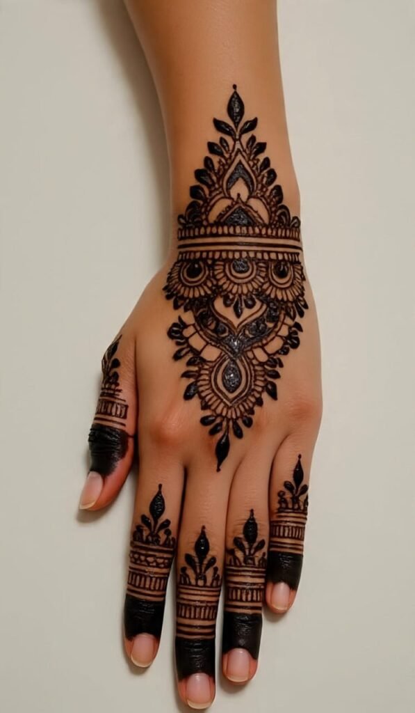This is a mehndi design on one hand with a diamond like pattern in the middle and lighter designs on the fingers.