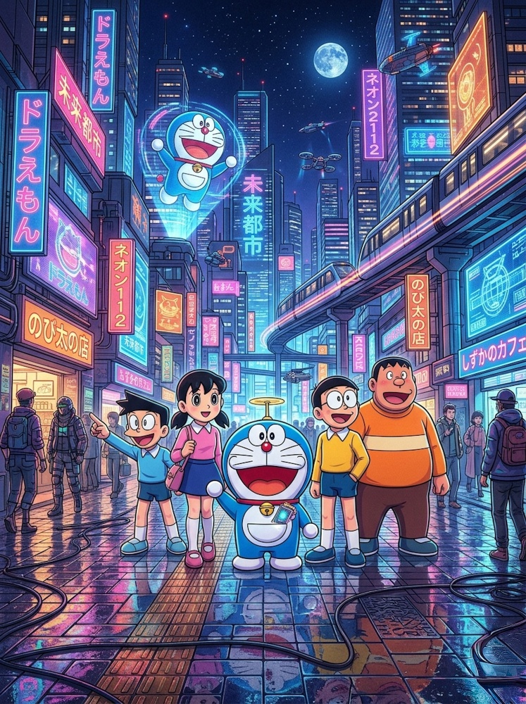 A stunning neon cyberpunk doremon photo featuring the gang exploring a futuristic city