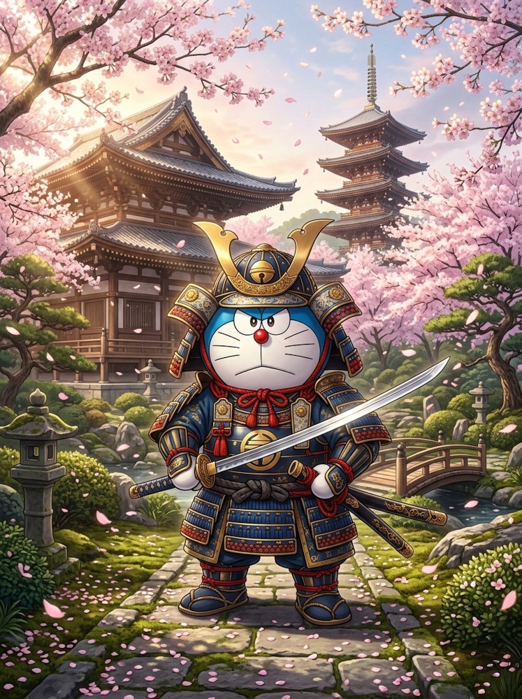 A unique doraemon dp displaying him wearing cool blue samurai armor in a spring garden