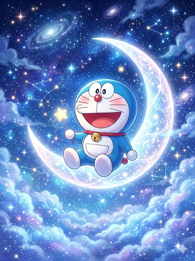 Magical doraemon dp showing the cute robotic cat sitting on a glowing crescent moon