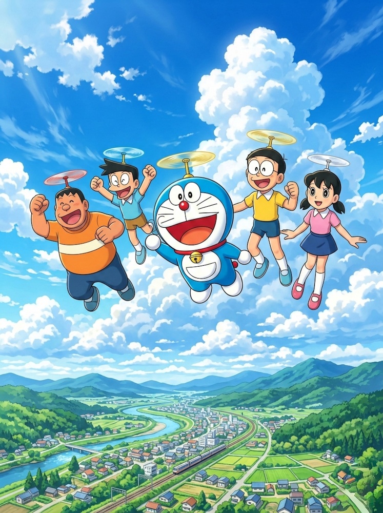 Beautiful doremon wallpaper showing Nobita and friends flying over a green valley