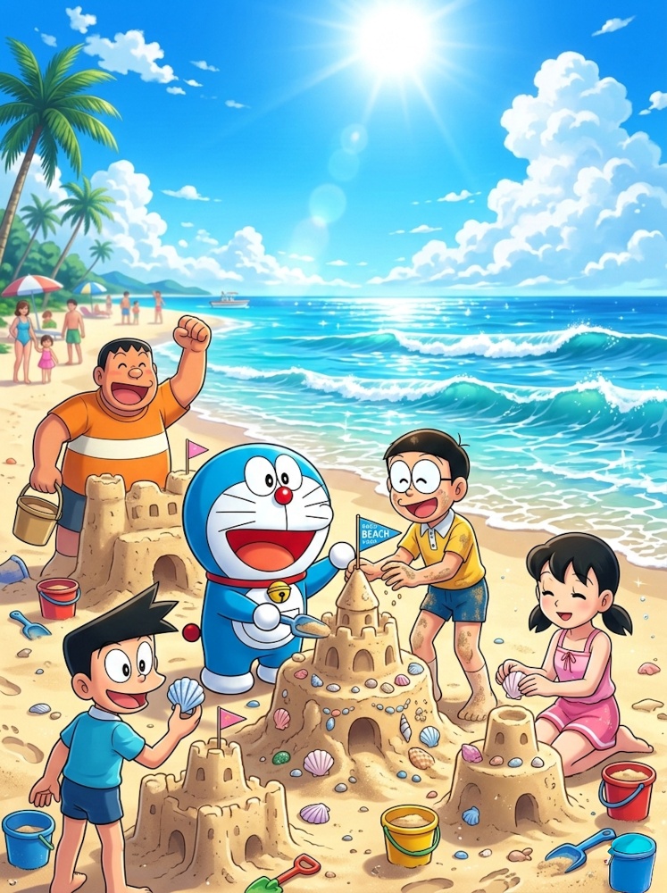 A bright summer doraemon wallpaper featuring the gang building sandcastles on a beach