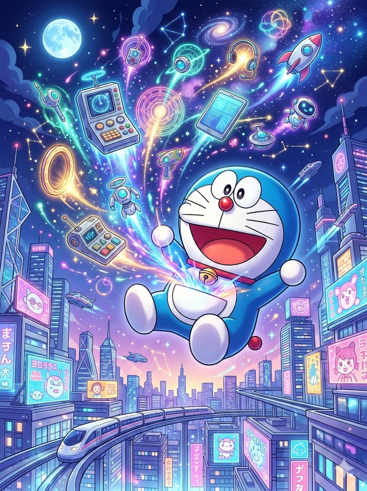 Colorful doraemon pictures displaying futuristic gadgets bursting out in a neon city
