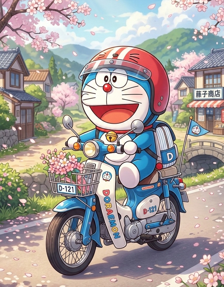 Adorable doraemon images featuring him riding a blue scooter through a charming village