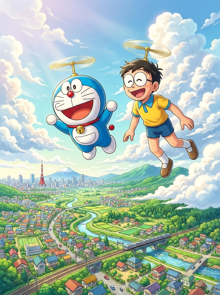 Scenic doremon photo showing him and Nobita flying over a beautiful Japanese landscape