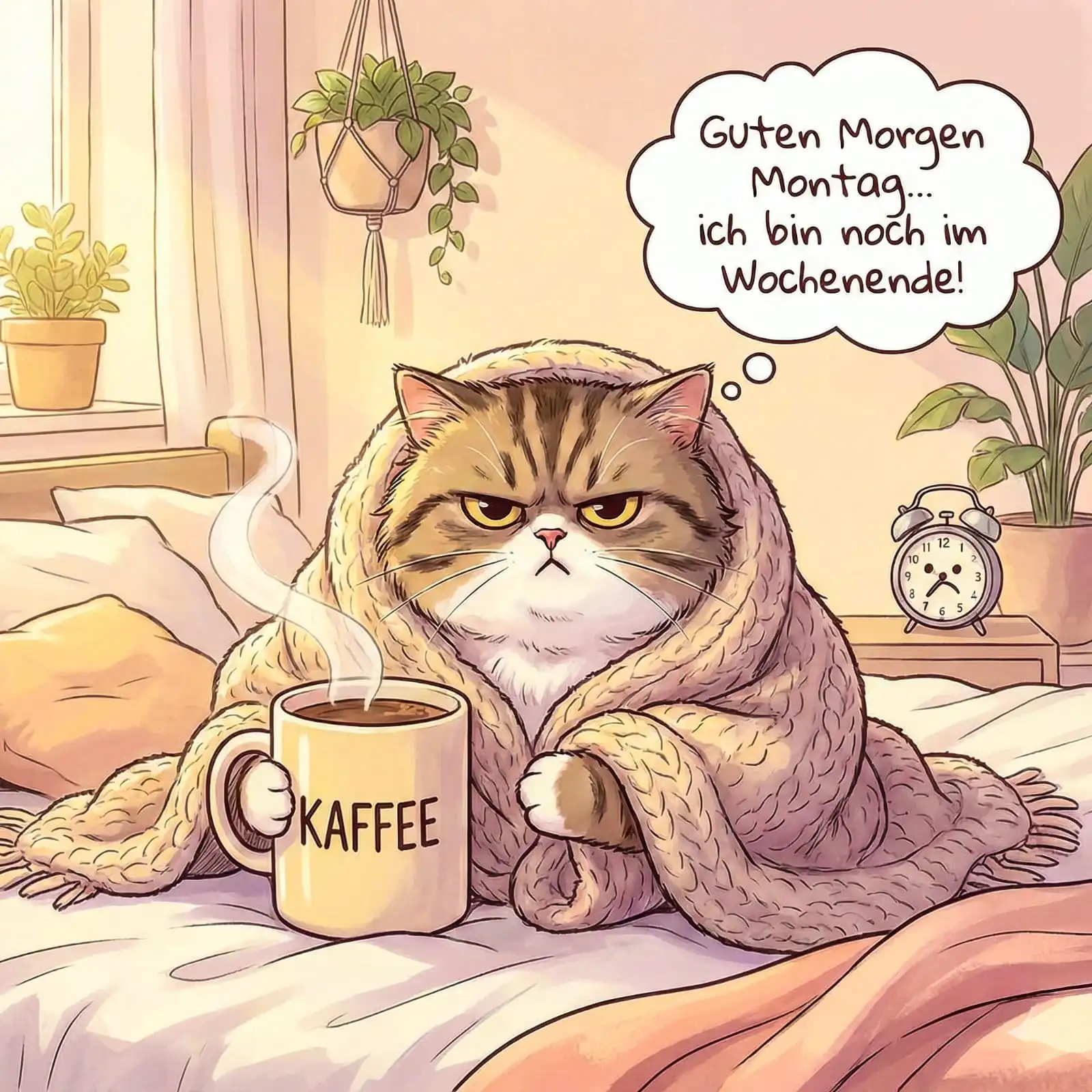 Lustiges Montags-Guten-Morgen-Bild einer wütenden Katze, die in eine Decke gewickelt ist und Kaffee trinkt.