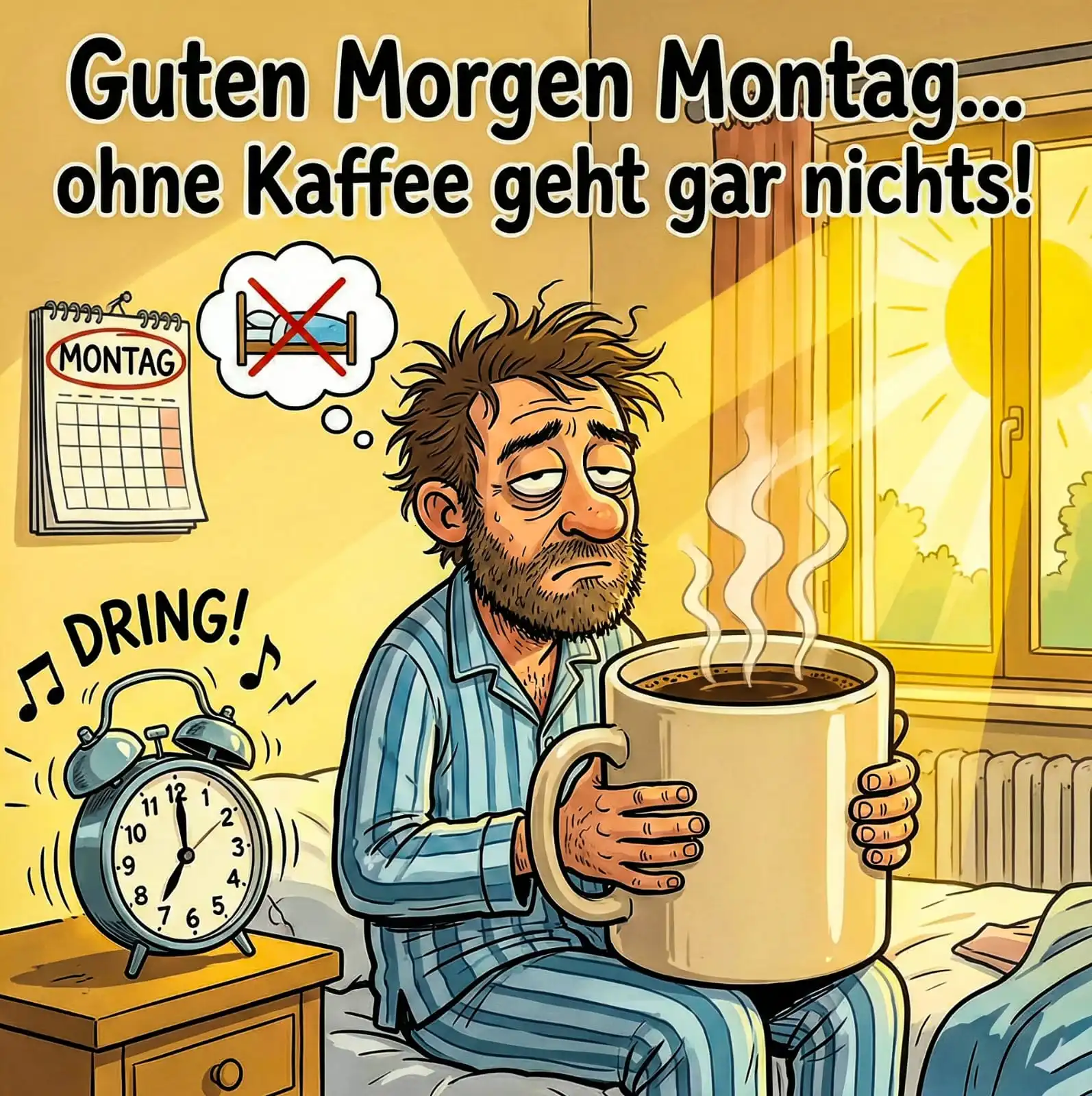 Eine lustige Karikatur, die die Müdigkeit am Montagmorgen darstellt: Ein Mann sitzt mit einer großen Kaffeetasse da