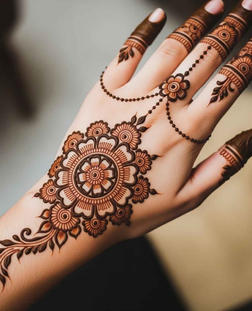 Finger tip flower mehndi art