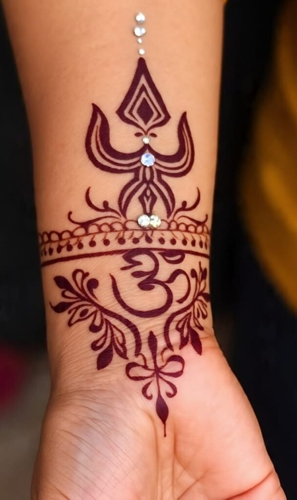 Unique Shiva Symbol Mehndi with Floral Borders