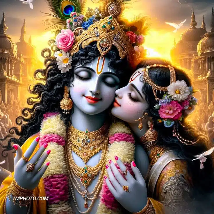 romantic radha krishna images with love quotr in hindi​